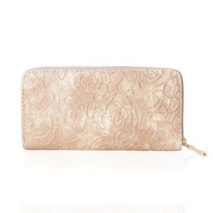 Wallet Embossed Rose Pattern Metallic Frame Beige